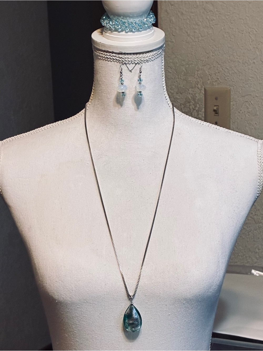 Silver Necklace, Earrings & Bracelet with Teardrop Aqua Glass Pendant